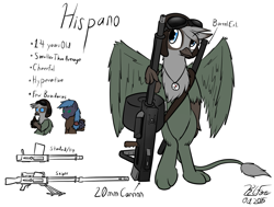 Size: 1435x1082 | Tagged: safe, artist:the-furry-railfan, oc, oc only, oc:hispano, oc:night strike, species:griffon, fallout equestria, autocannon, aviator hat, bfg, cannon, clothing, compass, goggles, hat, reference sheet