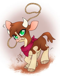 Size: 880x1120 | Tagged: safe, artist:joakaha, community related, character:arizona cow, species:cow, them's fightin' herds, bandana, cloven hooves, female, lasso, rope, signature, solo