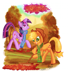 Size: 757x810 | Tagged: safe, artist:jowyb, character:applejack, character:twilight sparkle, character:twilight sparkle (alicorn), species:alicorn, species:earth pony, species:pony, ship:twijack, autumn, autumn leaves, clothing, female, leaves, lesbian, mare, scarf, shipping, twijack weekly