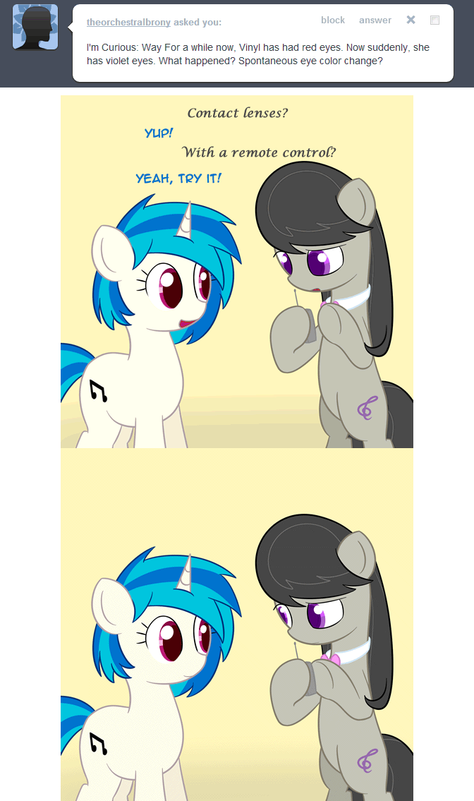 Size: 672x1135 | Tagged: safe, artist:erthilo, character:dj pon-3, character:octavia melody, character:vinyl scratch, species:earth pony, species:pony, species:unicorn, ask octavia, 2 panel comic, animated, ask, bipedal, comic, contact lens, duo, duo female, eye color change, female, mare, tumblr