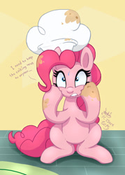 Size: 1500x2100 | Tagged: safe, artist:joakaha, character:pinkie pie, species:earth pony, species:pony, episode:the one where pinkie pie knows, g4, my little pony: friendship is magic, chef's hat, clothing, female, hat, hooves on cheeks, messy, scene interpretation, sitting, solo, sweat, talking to herself, wide eyes
