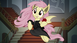 Size: 3840x2160 | Tagged: safe, artist:beavernator, character:flutterbat, character:fluttershy, species:bat pony, species:pony, all glory to the beaver grenadier, apple, beavernator is trying to murder us, clothing, cute, dress, female, flying, magic the gathering, shyabates, solo, vampire