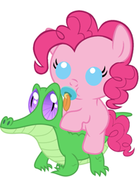 Size: 801x1017 | Tagged: safe, artist:red4567, character:gummy, character:pinkie pie, species:pony, baby, baby pie, baby pony, cute, diapinkes, pacifier, ponies riding gators, riding, weapons-grade cute
