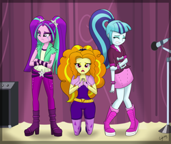 Size: 1000x843 | Tagged: safe, artist:thebrokencog, character:adagio dazzle, character:aria blaze, character:sonata dusk, my little pony:equestria girls, begging, clothing, commission, crossed arms, crying, curtain, eyes closed, fingerless gloves, frown, gloves, gritted teeth, group, kneeling, looking at you, looking down, microphone, open mouth, signature, spikes, stage, the dazzlings, trio, woobie, wristband