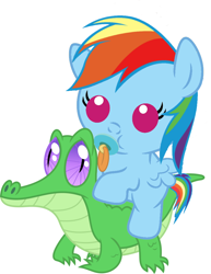Size: 786x1017 | Tagged: safe, artist:red4567, character:gummy, character:rainbow dash, species:pony, baby, baby dash, baby pony, cute, dashabetes, pacifier, ponies riding gators, riding, weapons-grade cute
