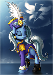 Size: 3999x5609 | Tagged: safe, artist:neko-me, character:trixie, species:pony, species:unicorn, absurd resolution, ancient wonderbolts uniform, boots, clothing, coat, epaulettes, eyes closed, female, gaiters, hat, high res, hoof shoes, horn, mare, military uniform, pose, raised hoof, sgt.trixie, shako, smiling, solo, standing, uniform
