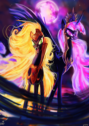 Size: 666x942 | Tagged: safe, artist:jowyb, character:applejack, character:nightmare applejack, character:nightmare twilight sparkle, character:twilight sparkle, character:twilight sparkle (alicorn), species:alicorn, species:earth pony, species:pony, ship:twijack, fangs, female, glowing eyes, lesbian, looking at you, mare, moon, nightmarified, open mouth, shipping, twijack weekly, xk-class end-of-the-world scenario