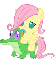 Size: 946x1017 | Tagged: safe, artist:red4567, character:fluttershy, character:gummy, species:pony, :t, baby, baby pony, babyshy, cute, foal, pacifier, ponies riding gators, recolor, riding, shyabetes