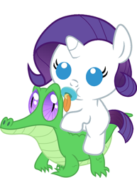 Size: 786x1017 | Tagged: safe, artist:red4567, character:gummy, character:rarity, species:pony, babity, baby, baby pony, cute, pacifier, ponies riding gators, raribetes, recolor, riding, weapons-grade cute
