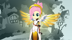 Size: 3840x2160 | Tagged: safe, artist:beavernator, character:fluttershy, my little pony:equestria girls, armor, crossover, female, fluttershy's cottage, looking at you, mercy, mercyshy, overwatch, smiling, solo
