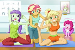 Size: 1350x900 | Tagged: safe, artist:uotapo, character:applejack, character:pinkie pie, character:starlight, character:sunset shimmer, character:tree hugger, my little pony:equestria girls, armpits, barefoot, belly button, clothing, colored pupils, contortionist, cute, dialogue, feet, female, flexible, hilarious in hindsight, knot position, midriff, open mouth, pad, pinkie being pinkie, quartet, shorts, sports bra, starlight, struggling, sunset helper, tank top, yoga, yoga mat, yoga pants