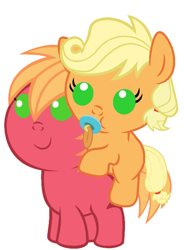 Size: 786x1067 | Tagged: safe, artist:red4567, character:applejack, character:big mcintosh, species:pony, baby, baby macintosh, baby pony, babyjack, brother and sister, cute, foal, hatless, jackabetes, macabetes, missing accessory, pacifier, ponies riding ponies, recolor, red4567 is trying to murder us, riding, siblings, simple background, weapons-grade cute, younger