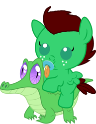 Size: 786x1017 | Tagged: safe, artist:red4567, character:gummy, oc, oc:northern haste, species:pony, baby, baby pony, cute, pacifier, ponies riding gators, recolor, riding