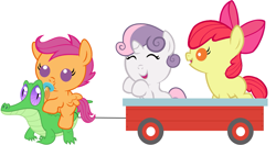 Size: 2285x1202 | Tagged: safe, artist:red4567, character:apple bloom, character:gummy, character:scootaloo, character:sweetie belle, species:pegasus, species:pony, adorabloom, baby, baby apple bloom, baby belle, baby pony, baby scootaloo, cute, cutealoo, cutie mark crusaders, dawwww, diasweetes, foal, happy, pacifier, ponies riding gators, red4567 is trying to murder us, riding, wagon, weapons-grade cute