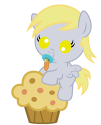 Size: 836x1037 | Tagged: safe, artist:red4567, character:derpy hooves, species:pony, baby, baby pony, cute, derpabetes, female, food, muffin, ponies riding food, recolor, riding, simple background, solo, weapons-grade cute