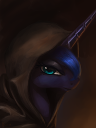 Size: 800x1067 | Tagged: safe, artist:grissaecrim, character:princess luna, bust, cloak, clothing, cowl, female, hood, looking at you, portrait, profile, solo