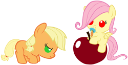 Size: 1996x1017 | Tagged: safe, artist:red4567, character:applejack, character:flutterbat, character:fluttershy, species:bat pony, species:pony, apple, baby, baby pony, babybat, babyjack, babyshy, cute, foal, food, jackabetes, pacifier, ponies riding food, recolor, red4567 is trying to murder us, riding, shyabates, shyabetes