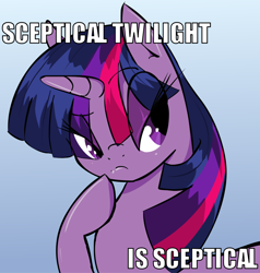 Size: 2114x2223 | Tagged: safe, artist:zev, character:twilight sparkle, species:pony, species:unicorn, female, gradient background, high res, mare, raised hoof, skeptical, skeptical twilight, solo