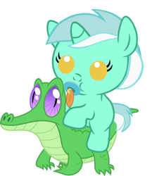 Size: 836x967 | Tagged: safe, artist:red4567, character:gummy, character:lyra heartstrings, species:pony, baby, baby pony, cute, lyrabetes, pacifier, ponies riding gators, recolor, riding, weapons-grade cute