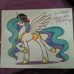 Size: 1080x1080 | Tagged: source needed, useless source url, safe, artist:brendahickey, character:princess celestia, species:alicorn, species:pony, female, mare, raised hoof, silly, smug, tongue out, top gun hat, top sun, traditional art