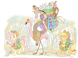 Size: 1155x853 | Tagged: safe, artist:jowyb, character:applejack, character:discord, character:fluttershy, 2015, animal, bags, candy, candy cane, clothing, cowboy hat, flamingo, food, grandfather clock, hat, open mouth, plushie, riding, saddle, scout, signature, snorkel, stetson, stopwatch