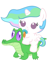 Size: 816x1017 | Tagged: safe, artist:red4567, character:gummy, character:princess celestia, species:pony, baby, baby pony, cewestia, cute, cutelestia, filly, pacifier, ponies riding gators, recolor, riding, weapons-grade cute