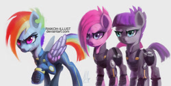 Size: 1280x646 | Tagged: safe, artist:grissaecrim, character:maud pie, character:pinkamena diane pie, character:pinkie pie, character:rainbow dash, episode:the cutie re-mark, alternate timeline, amputee, apinkalypse pie, apocalypse dash, apocalypse maud, artificial wings, augmented, crystal war timeline, mechanical wing, prosthetic limb, prosthetic wing, prosthetics, raised hoof, scar, thousand yard stare, torn ear, watermark, wings
