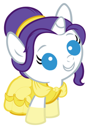 Size: 1800x2560 | Tagged: safe, artist:beavernator, character:rarity, species:pony, species:unicorn, babity, baby, baby pony, beauty and the beast, belle, clothing, cosplay, disney princess, dress, female, filly, foal, simple background, solo, white background