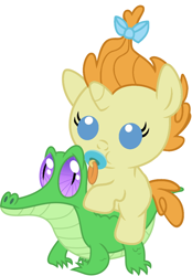 Size: 796x1142 | Tagged: safe, artist:red4567, character:gummy, character:pumpkin cake, species:pony, baby, baby pony, cute, pacifier, ponies riding gators, pumpkinbetes, recolor, riding