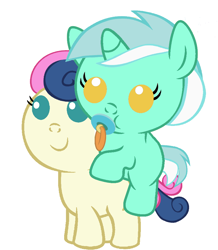 Size: 836x957 | Tagged: safe, artist:red4567, character:bon bon, character:lyra heartstrings, character:sweetie drops, species:pony, adorabon, baby, baby pony, best friends, cute, lyrabetes, ponies riding ponies, recolor, weapons-grade cute