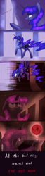 Size: 1280x4999 | Tagged: safe, artist:underpable, character:princess luna, blood moon, bloodborne, comic, descriptive noise, door, female, just another luna blog, smiling, solo, surprised