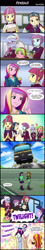 Size: 800x4424 | Tagged: safe, artist:uotapo, character:dean cadance, character:indigo zap, character:lemon zest, character:princess cadance, character:sour sweet, character:sugarcoat, character:sunny flare, character:sunset shimmer, character:twilight sparkle, character:twilight sparkle (alicorn), species:alicorn, equestria girls:friendship games, g4, my little pony: equestria girls, my little pony:equestria girls, bus, clothing, comic, crystal prep academy, crystal prep academy uniform, devil horn (gesture), dialogue, fallout, fallout 3, female, mistaken identity, open mouth, pipboy, school uniform, shadow five, skirt, speech bubble, sunny flare's wrist devices, sweat, sweatdrop, test paper, uotapo is trying to murder us, upskirt denied, v.a.t.s.
