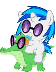 Size: 786x1017 | Tagged: safe, artist:red4567, character:dj pon-3, character:gummy, character:vinyl scratch, species:pony, baby, baby pony, babynyl scratch, cute, pacifier, ponies riding gators, recolor, riding, vinylbetes
