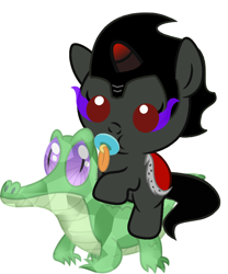 Size: 846x1017 | Tagged: safe, artist:red4567, character:gummy, character:king sombra, species:pony, baby, baby pony, colt, colt sombra, crystallized, cute, male, pacifier, ponies riding gators, recolor, riding, sombradorable, weapons-grade cute