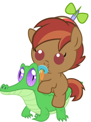 Size: 836x1117 | Tagged: safe, artist:red4567, character:button mash, character:gummy, character:liquid button, species:pony, baby, baby pony, buttonbetes, cute, pacifier, ponies riding gators, recolor, riding, weapons-grade cute