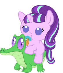 Size: 886x1017 | Tagged: safe, artist:red4567, character:gummy, character:starlight glimmer, species:pony, species:unicorn, baby, baby pony, babylight glimmer, cute, female, glimmerbetes, pacifier, ponies riding gators, recolor, weapons-grade cute