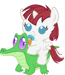 Size: 836x967 | Tagged: safe, artist:red4567, character:gummy, oc, oc:fausticorn, species:alicorn, species:pony, alicorn oc, baby, baby pony, cute, faustabetes, lauren faust, pacifier, ponies riding gators, recolor, weapons-grade cute