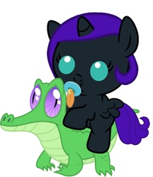 Size: 836x967 | Tagged: safe, artist:red4567, character:gummy, oc, oc:nyx, species:alicorn, species:pony, alicorn oc, baby, baby pony, cute, nyxabetes, pacifier, ponies riding gators, recolor, simple background, weapons-grade cute, white background