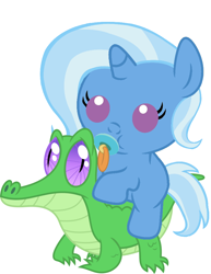 Size: 786x1017 | Tagged: safe, artist:red4567, character:gummy, character:trixie, species:pony, baby, baby pony, baby trixie, cute, diatrixes, pacifier, ponies riding gators, recolor, simple background, weapons-grade cute