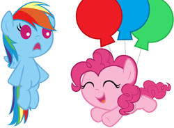 Size: 5000x3680 | Tagged: safe, artist:beavernator, character:pinkie pie, character:rainbow dash, species:earth pony, species:pegasus, species:pony, baby, baby dash, baby pie, baby pony, balloon, duo, female, filly, flying, foal, simple background, then watch her balloons lift her up to the sky, white background