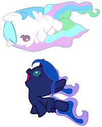Size: 3200x4000 | Tagged: safe, artist:beavernator, character:princess celestia, character:princess luna, species:alicorn, species:pony, baby, baby pony, cewestia, cute, duo, eye contact, female, filly, flying, foal, looking at each other, simple background, white background, woona