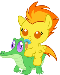Size: 866x1082 | Tagged: safe, artist:red4567, character:gummy, character:spitfire, species:pony, baby, baby pony, cute, cutefire, pacifier, ponies riding gators, recolor, weapons-grade cute
