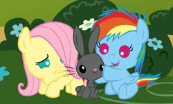 Size: 4800x2880 | Tagged: safe, artist:beavernator, character:fluttershy, character:rainbow dash, species:pony, species:rabbit, baby, baby pony, filly, foal