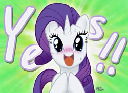 Size: 500x363 | Tagged: safe, artist:uotapo, character:rarity, species:pony, blushing, cute, excited, female, happy, looking at you, one word, open mouth, raribetes, smiling, solo, sweat, yes