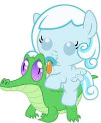 Size: 786x957 | Tagged: safe, artist:red4567, character:gummy, oc, oc:snowdrop, species:pony, baby, baby pony, cute, pacifier, ponies riding gators, recolor, snowbetes, weapons-grade cute