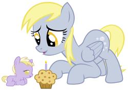 Size: 4200x3000 | Tagged: safe, artist:beavernator, character:derpy hooves, character:dinky hooves, species:pegasus, species:pony, species:unicorn, baby, baby pony, candle, equestria's best mother, female, foal, mare, muffin, prone, simple background, white background