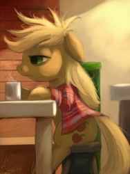 Size: 900x1200 | Tagged: safe, artist:grissaecrim, character:applejack, species:earth pony, species:pony, bed mane, clothing, coffee, female, loose hair, mare, messy mane, morning ponies, sitting, sleepy, solo