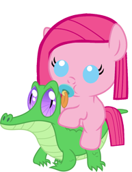 Size: 786x1017 | Tagged: safe, artist:red4567, character:gummy, character:pinkamena diane pie, character:pinkie pie, species:pony, baby, baby pie, baby pony, cute, cuteamena, pacifier, ponies riding gators, recolor, riding, weapons-grade cute