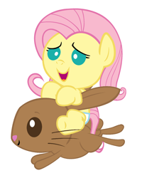 Size: 1600x2000 | Tagged: safe, artist:beavernator, character:fluttershy, species:pegasus, species:pony, species:rabbit, baby, baby pony, babyshy, diaper, female, filly, foal, simple background, white background