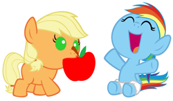 Size: 4320x2520 | Tagged: safe, artist:beavernator, character:applejack, character:rainbow dash, species:earth pony, species:pegasus, species:pony, apple, baby, baby dash, baby pony, babyjack, diaper, female, filly, foal, mouth hold, simple background, white background